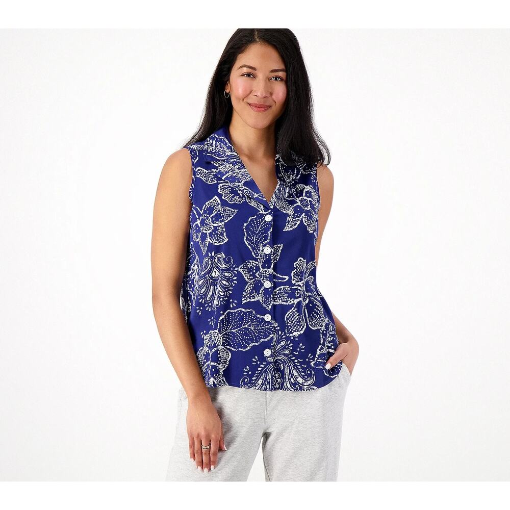 Breezies Lounge Satin Breeze Sleep Tank Navy Botanical Size XXS Button Front